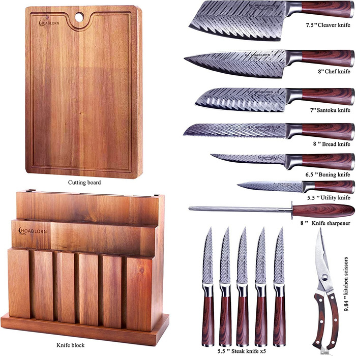 Набор HOABLORN Professional, 11 ножей из нержавеющей стали + ножницы + точилка для ножей, с подставкой и доской для нарезки