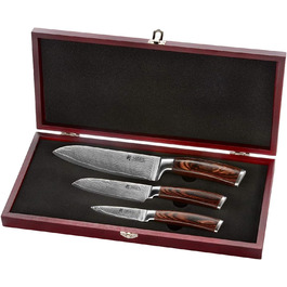 Профессиональный набор из 3 кухонных ножей из натуральной дамасской стали с деревянными ручками из пакки в деревянной коробке Wakoli Edib