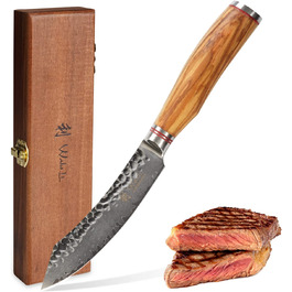 Эксклюзивный нож для стейка из настоящей японской дамасской стали с рукояткой из оливкового дерева и деревянной коробкой Wakoli