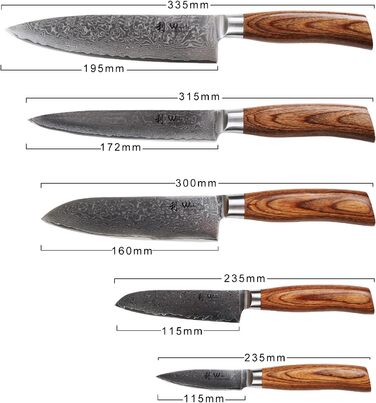 Набор ножей из дамасской стали с деревянными ручками с лезвиями длиной 8-20 см 67 слоев Wakoli Edib Pro
