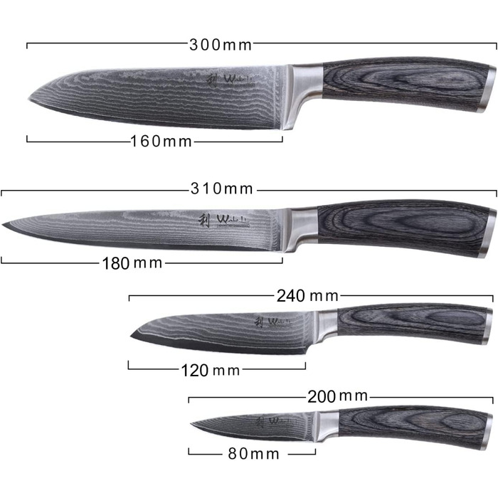 Набор из 4 профессиональных кухонных ножей из настоящей японской дамасской стали с ручками из дерева пакка Wakoli Edi