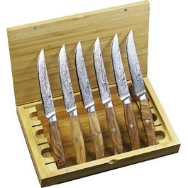 Набор из 6 дамасских ножей для стейка с рукоятками из оливкового дерева 12,5 см Wakoli Exclusive 