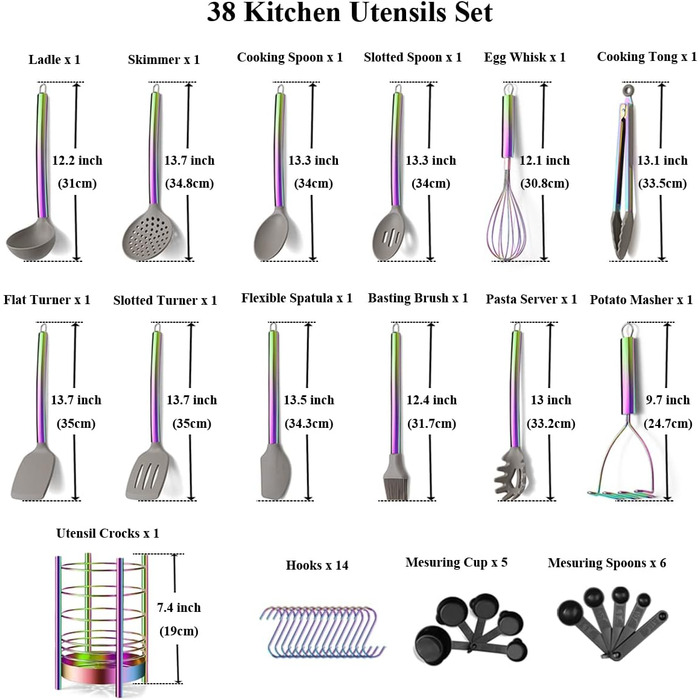 Набор силиконовых кухонных приборов, 38 предметов Rainbow HOMQUEN