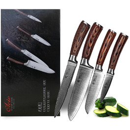 Профессиональный набор из 4 кухонных ножей из натуральной дамасской стали с ручками из дерева пакка Wakoli Edib 