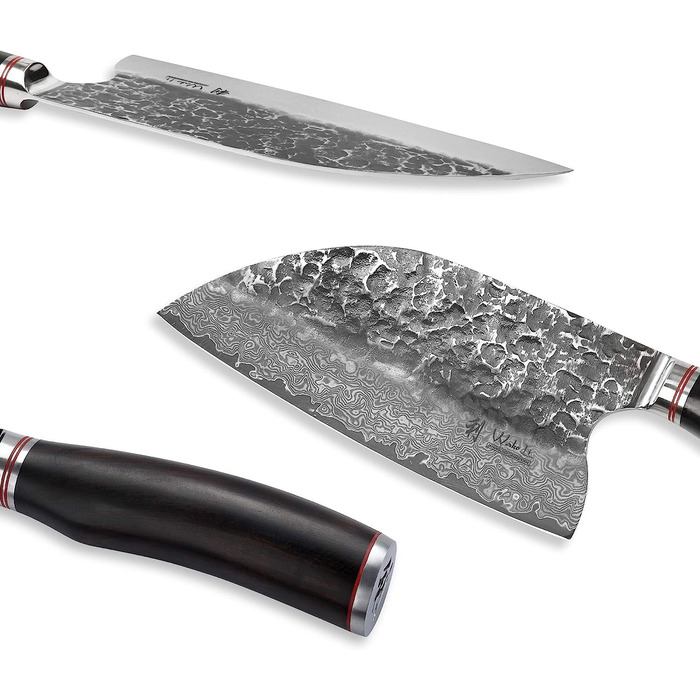 Профессиональный нож из натуральной дамасской стали с рукояткой из молота и дерева пака 20 см Wakoli